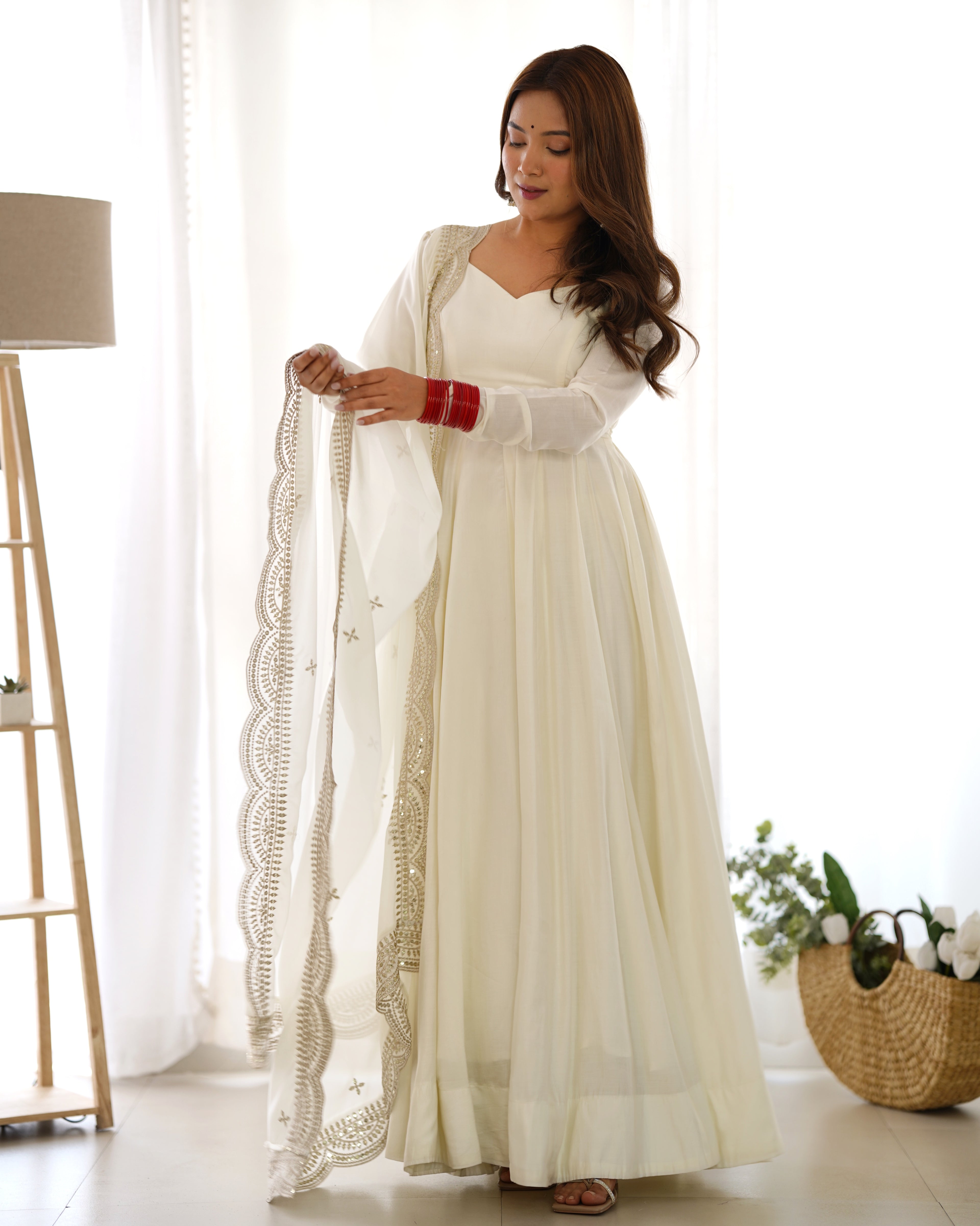 New Premium Quality Pure Romansilk Chanderi Fabric Fully Flair Anarkali With Dupatta Set, Pent Ready To Wear-Off White