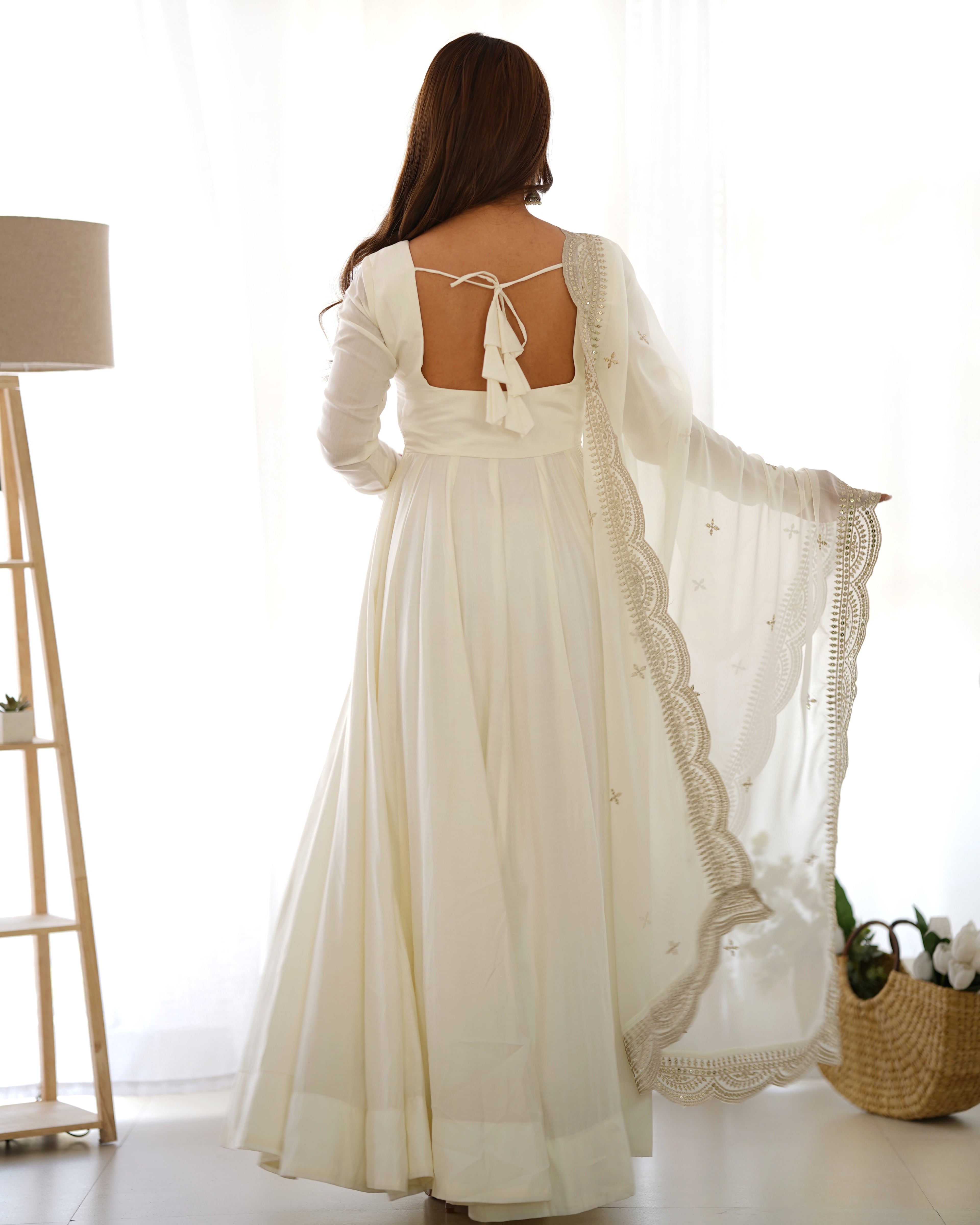 New Premium Quality Pure Romansilk Chanderi Fabric Fully Flair Anarkali With Dupatta Set, Pent Ready To Wear-Off White