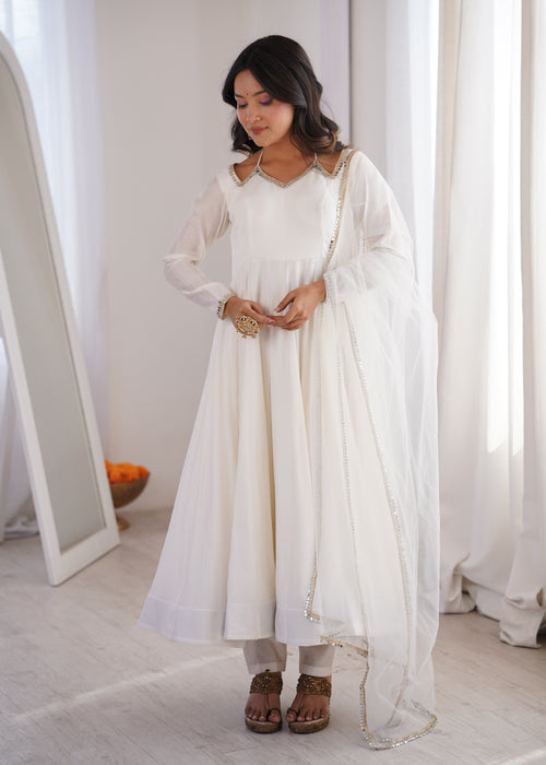 Beautiful White Roman Silk Chanderi Lace Work Anarkali Suit Set
