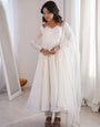 Beautiful White Roman Silk Chanderi Lace Work Anarkali Suit Set