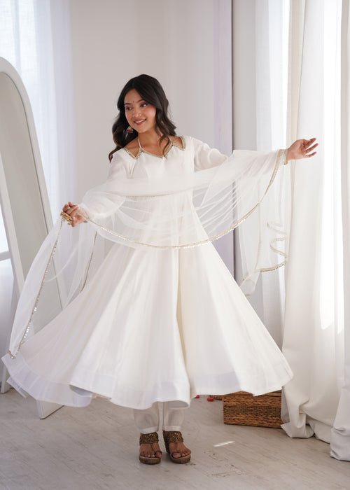 Beautiful White Roman Silk Chanderi Lace Work Anarkali Suit Set
