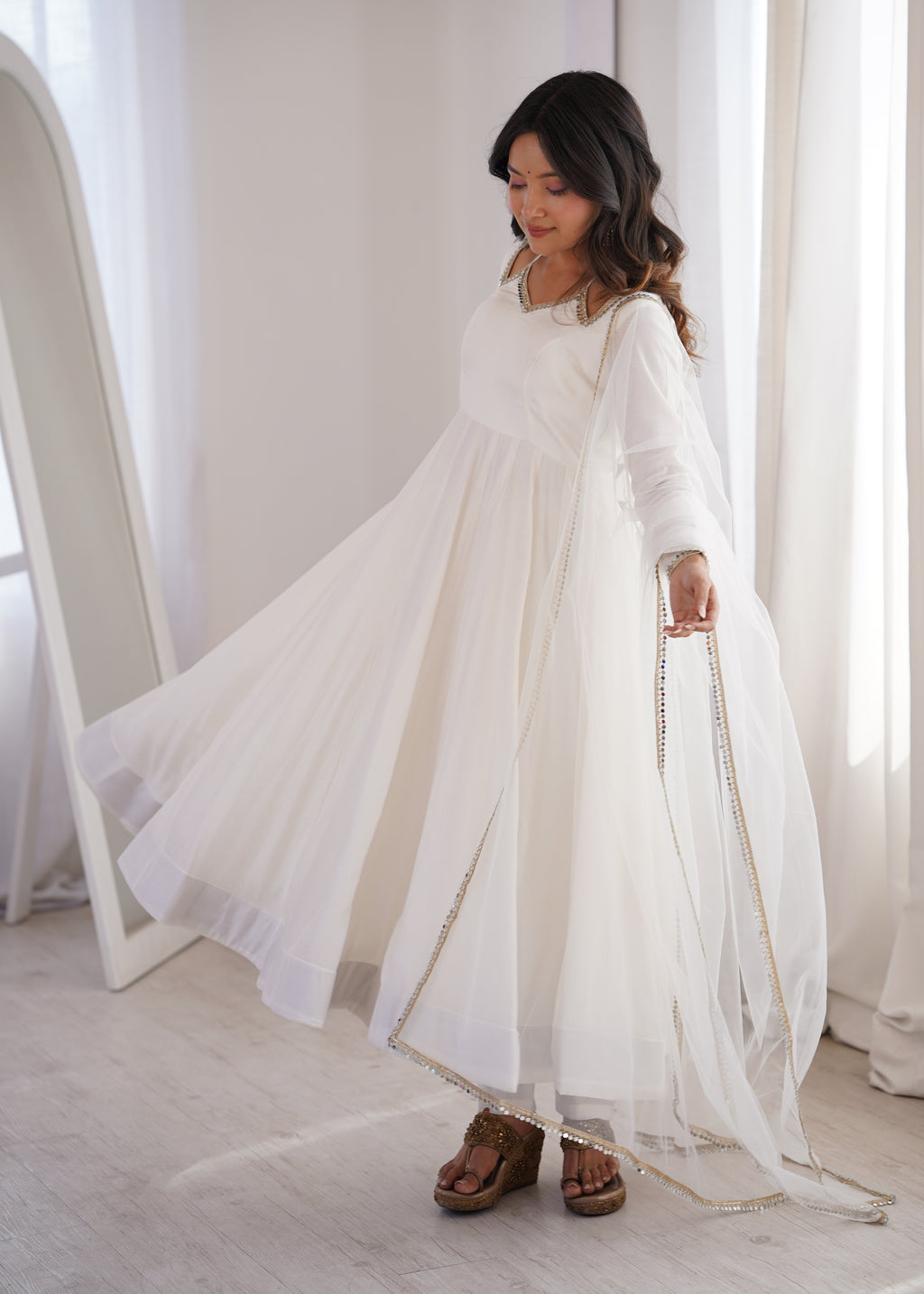 Beautiful White Roman Silk Chanderi Lace Work Anarkali Suit Set
