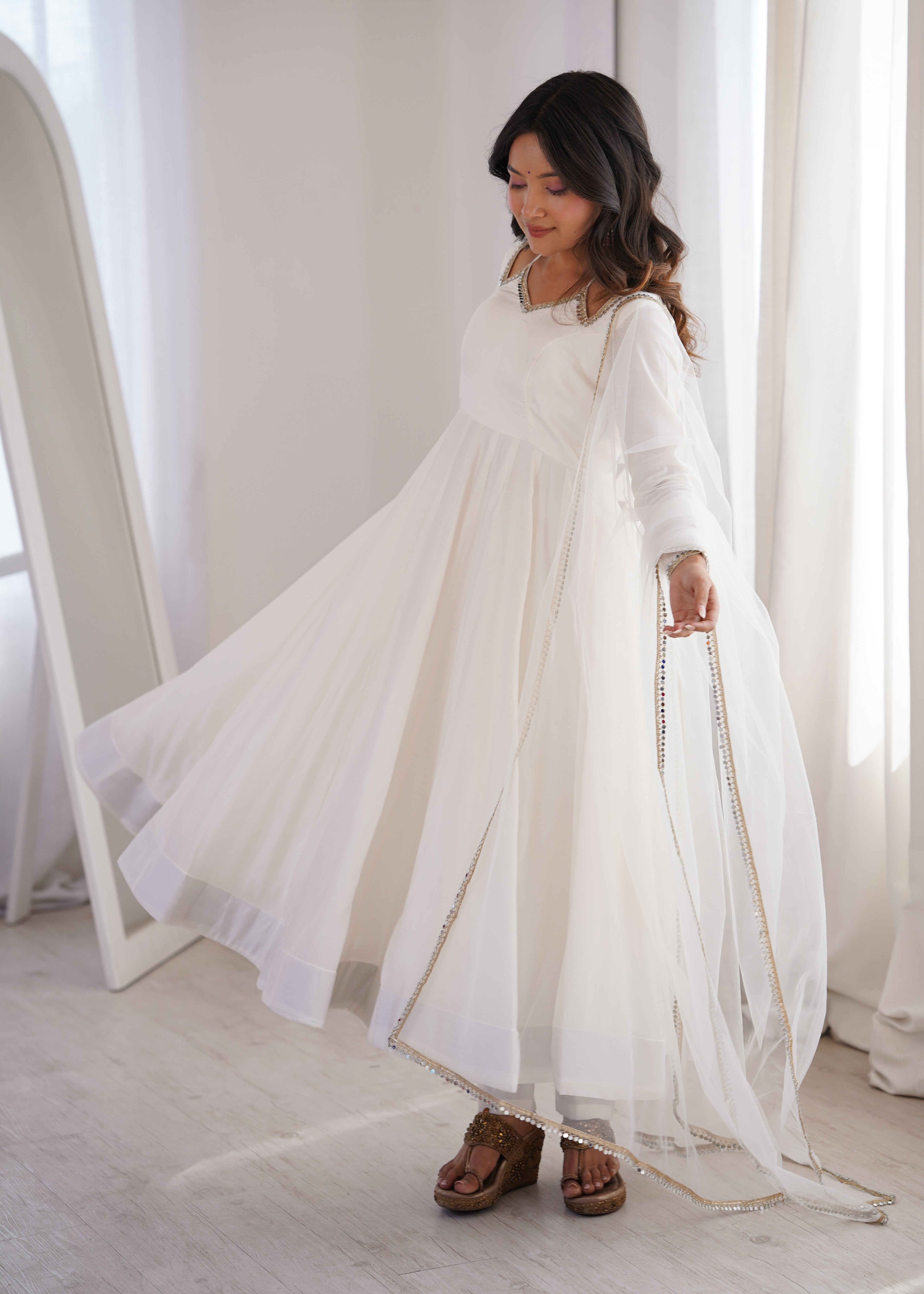 Beautiful White Roman Silk Chanderi Lace Work Anarkali Suit Set
