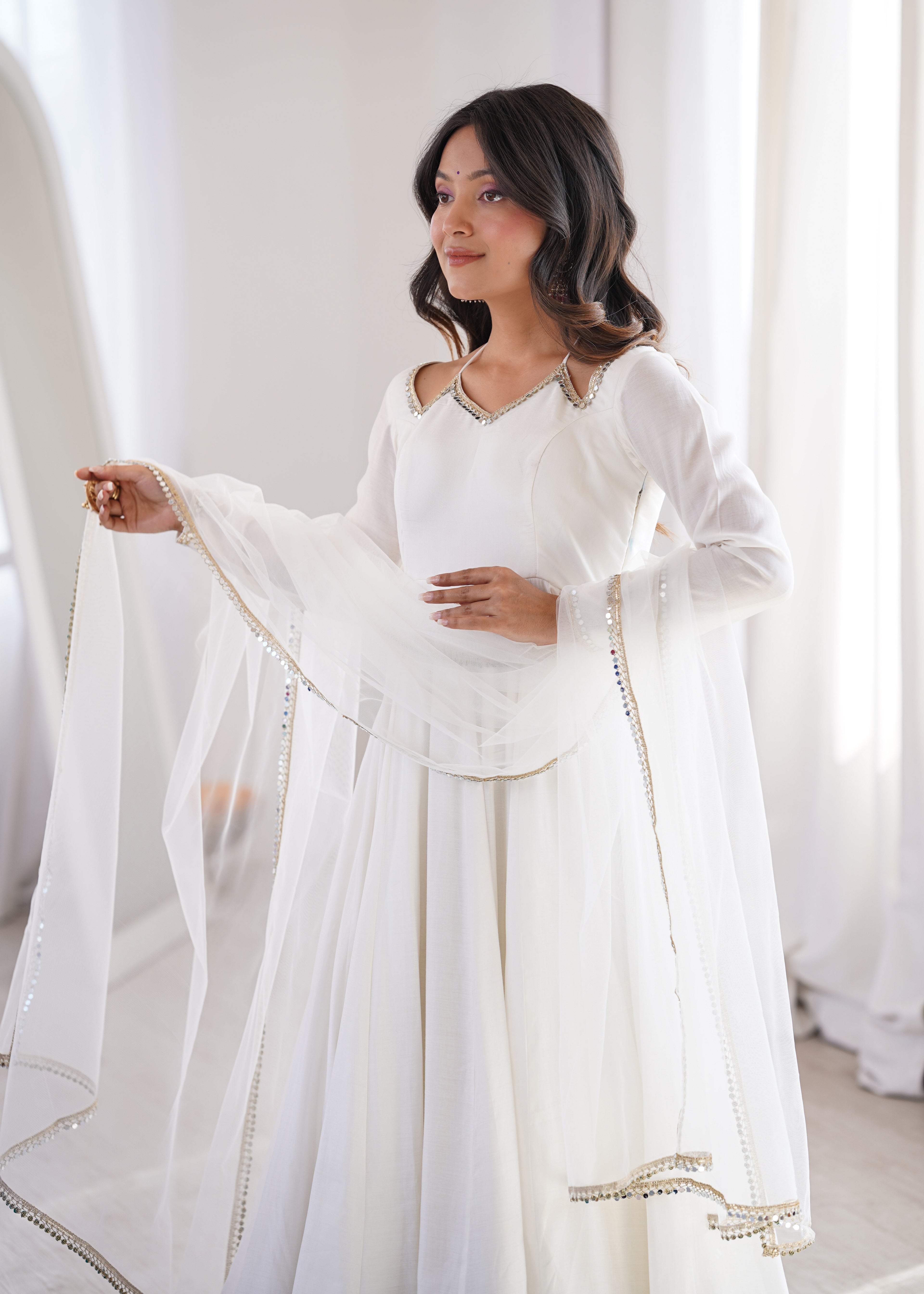 Beautiful White Roman Silk Chanderi Lace Work Anarkali Suit Set
