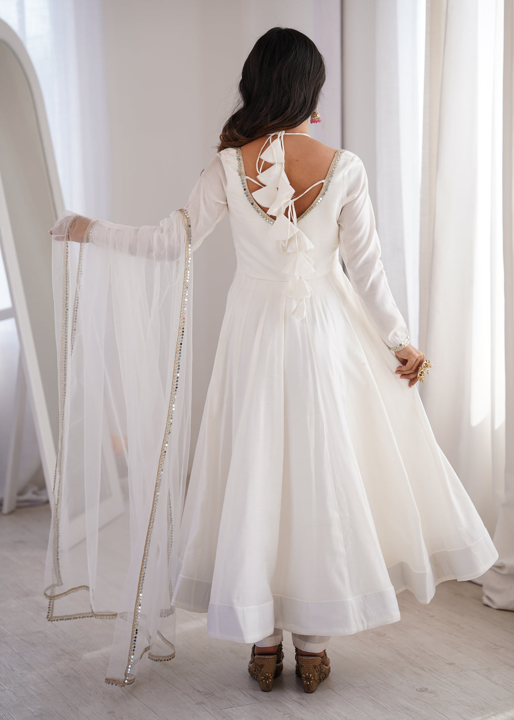 Beautiful White Roman Silk Chanderi Lace Work Anarkali Suit Set

