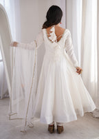 Beautiful White Roman Silk Chanderi Lace Work Anarkali Suit Set
