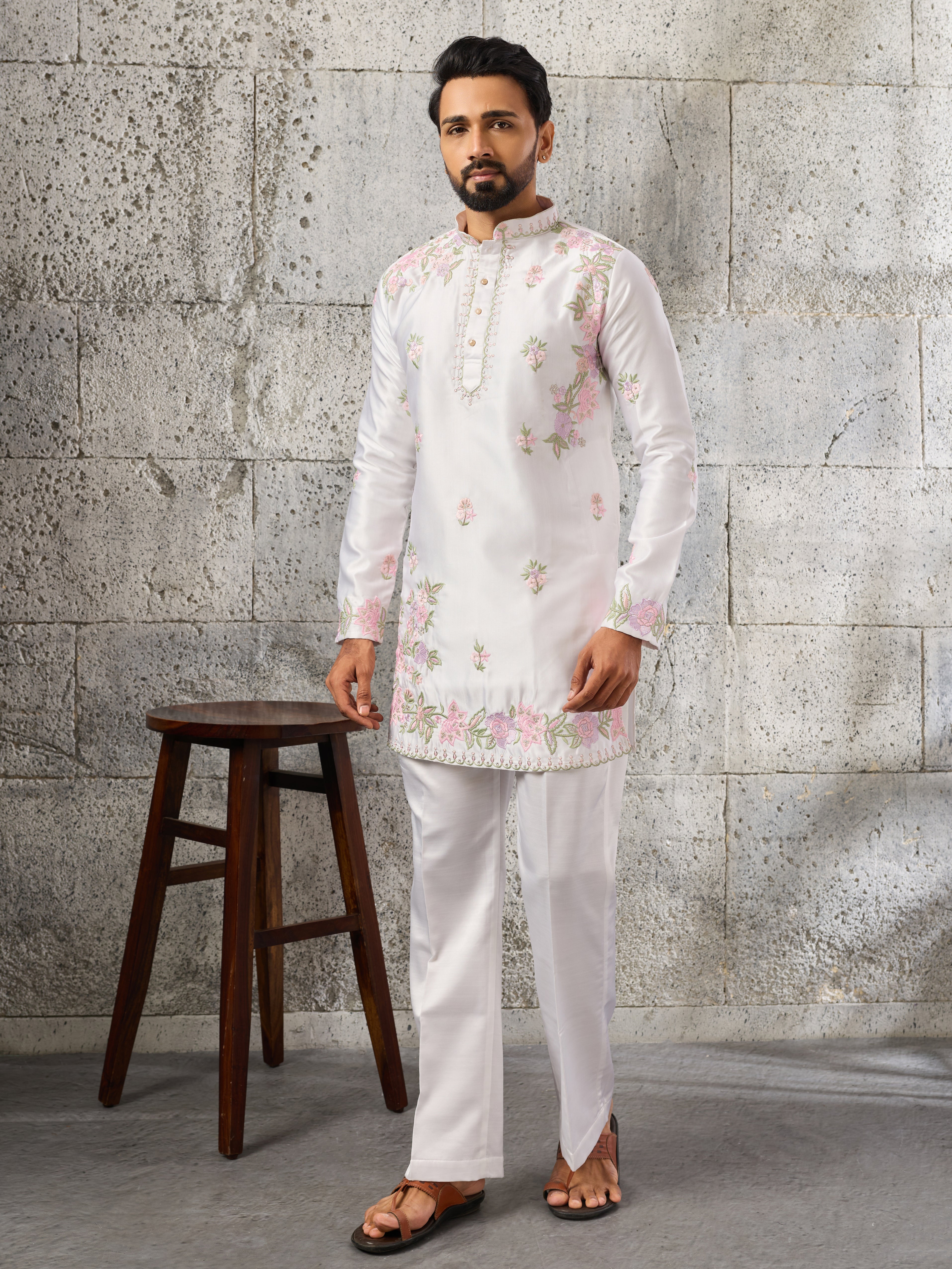 Majestic White Silk Festive Embroidered Kurta Bell Bottom Set
