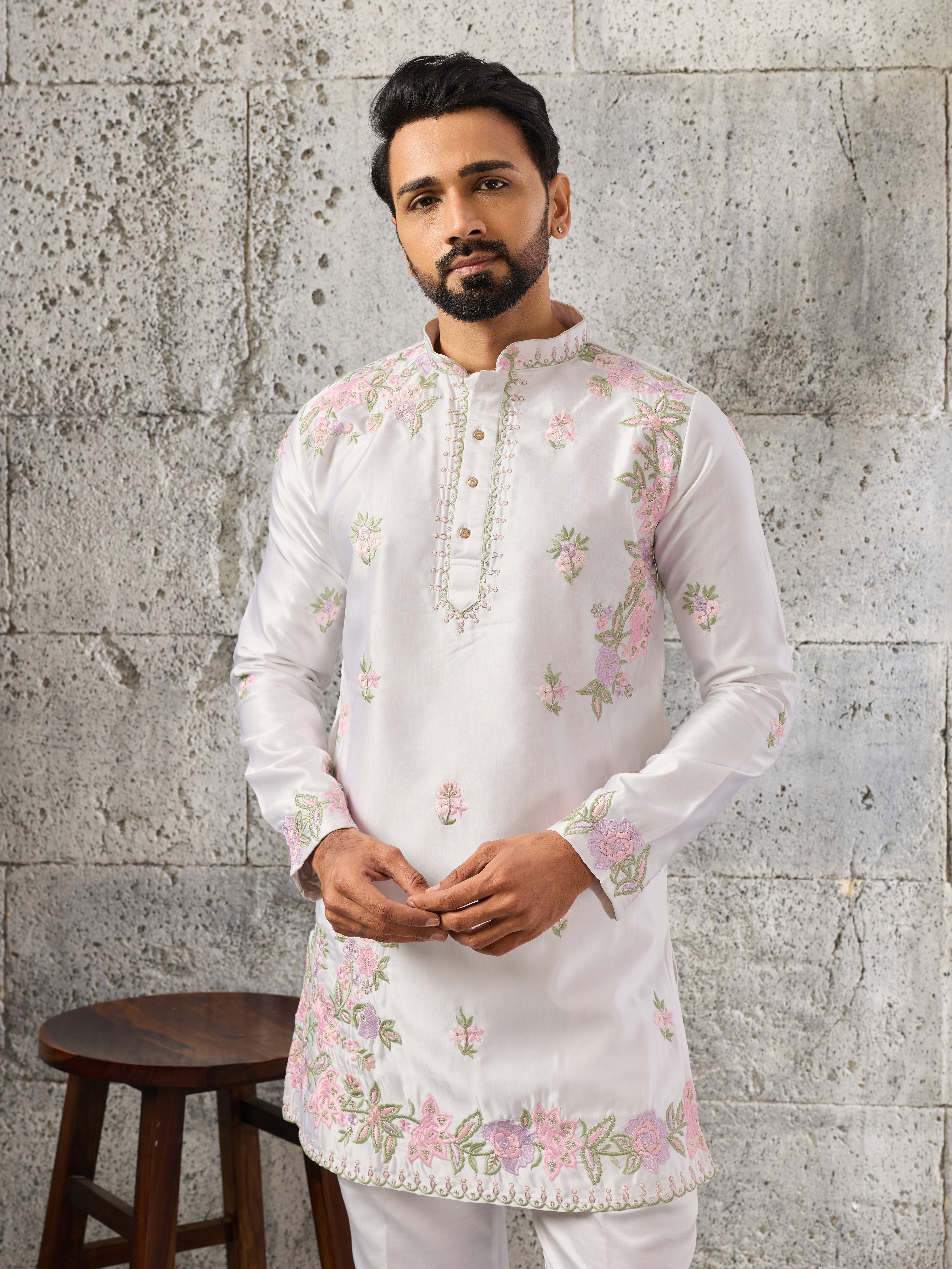 Majestic White Silk Festive Embroidered Kurta Bell Bottom Set
