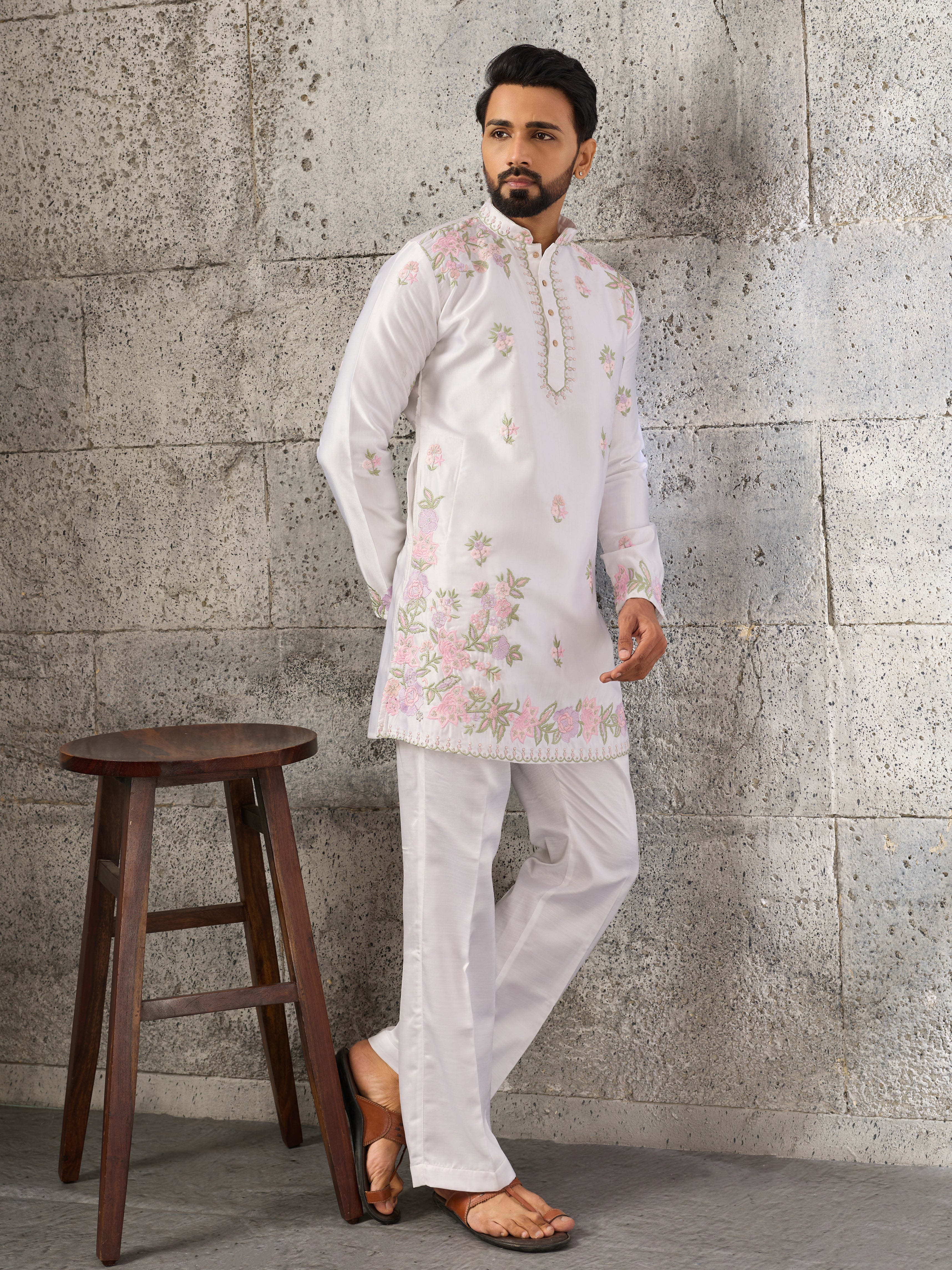 Majestic White Silk Festive Embroidered Kurta Bell Bottom Set
