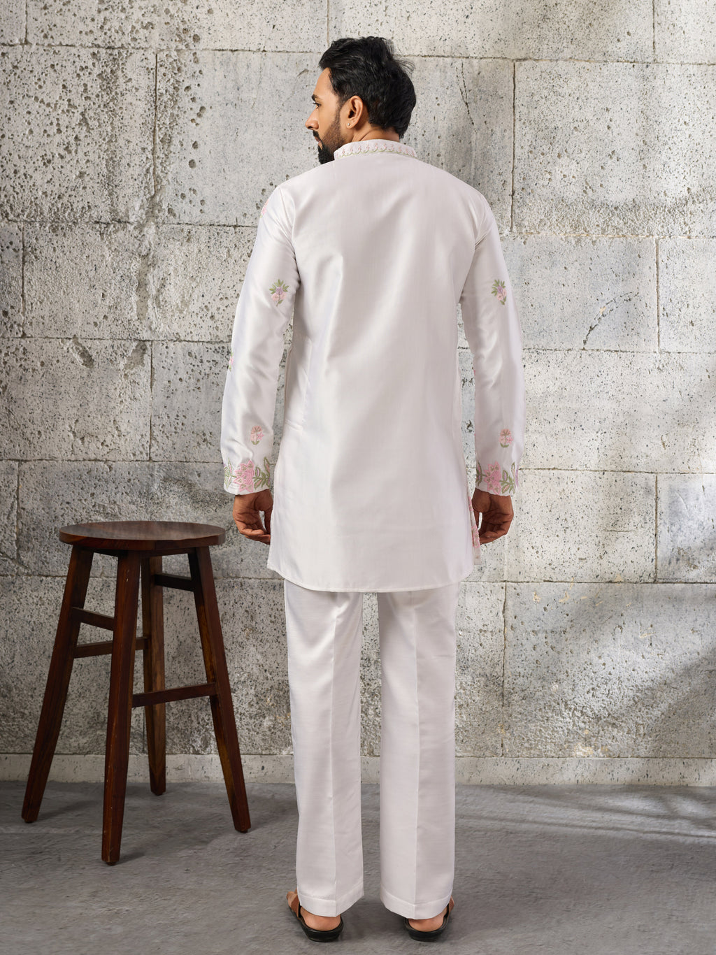 Majestic White Silk Festive Embroidered Kurta Bell Bottom Set

