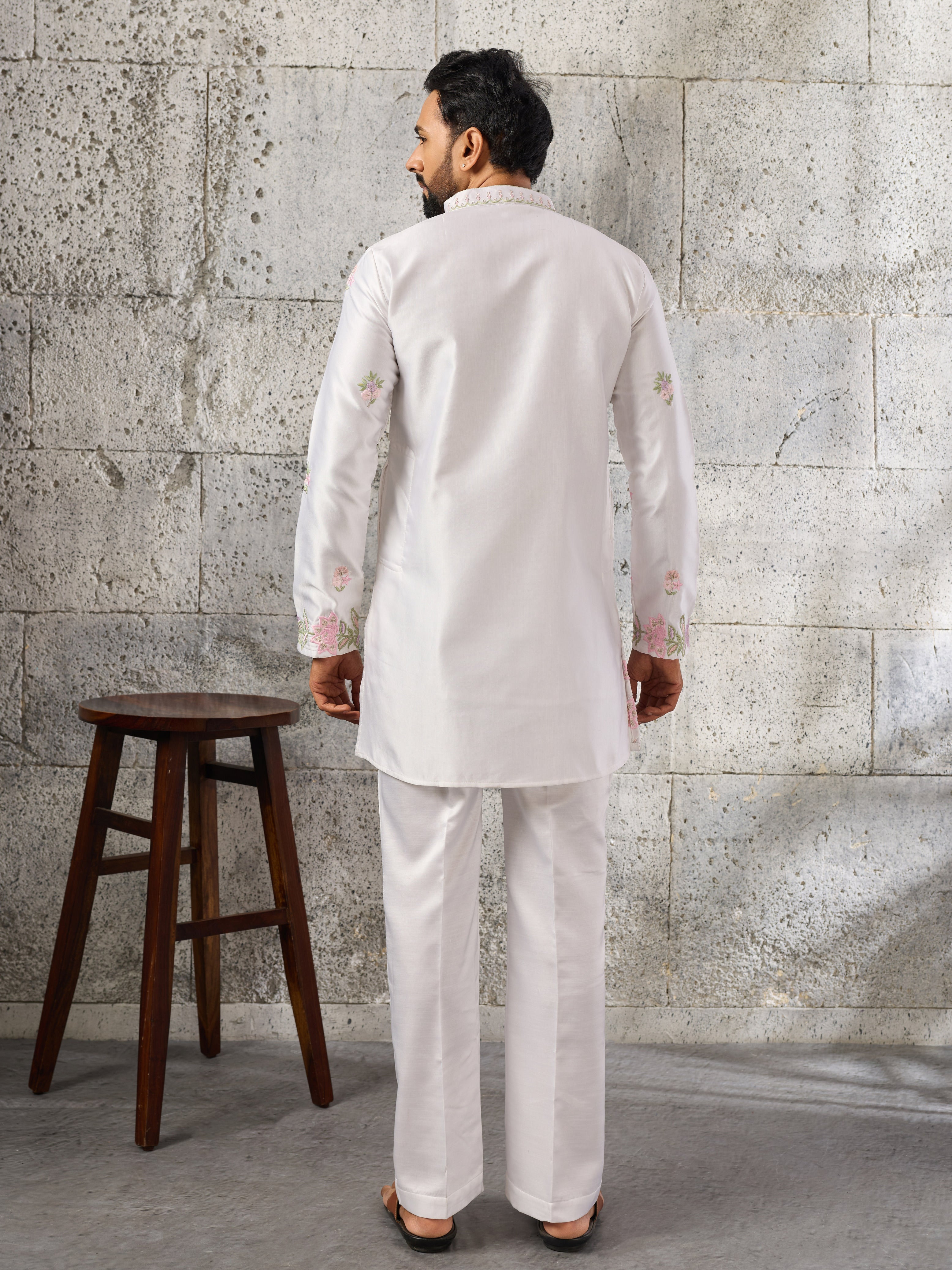 Majestic White Silk Festive Embroidered Kurta Bell Bottom Set
