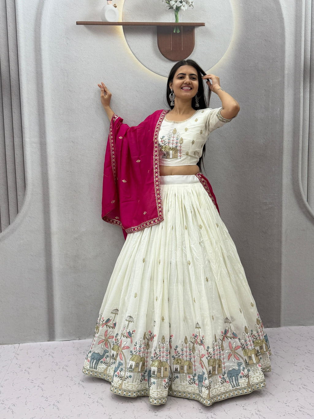 White Vichitra Silk Embroidered Lehenga Set | Tulip Designer
