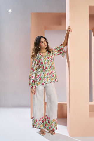 White Pure Muslin Silk Floral Co-Ord Set for Women