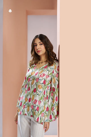 White Pure Muslin Silk Floral Co-Ord Set for Women