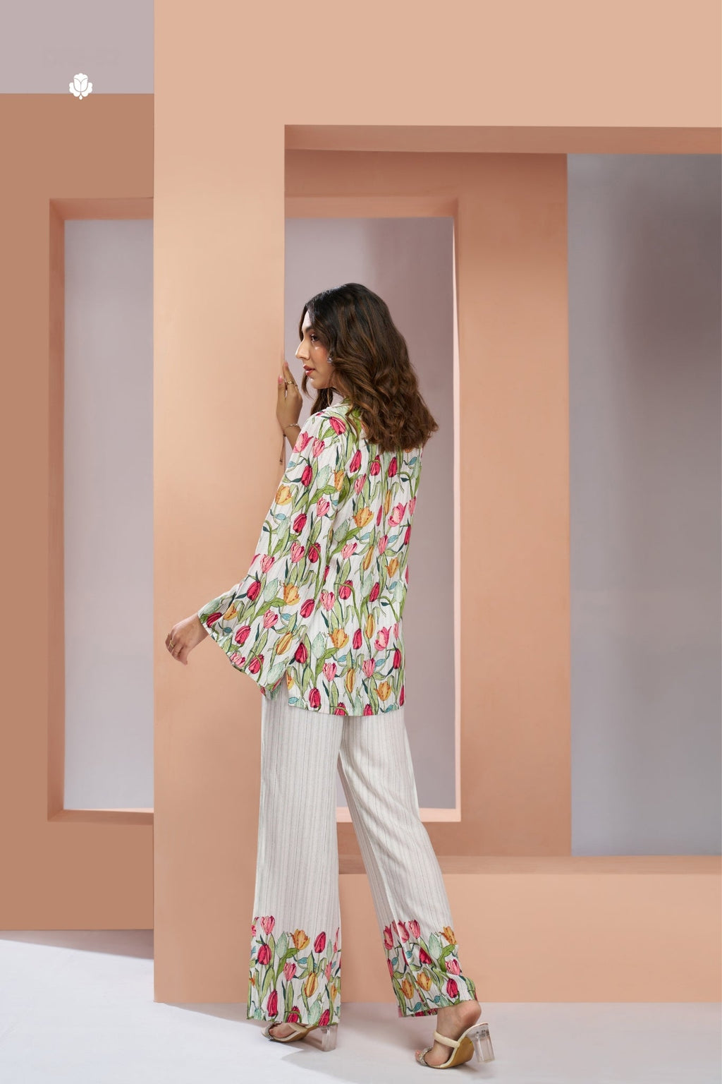 White Pure Muslin Silk Floral Co-Ord Set for Women