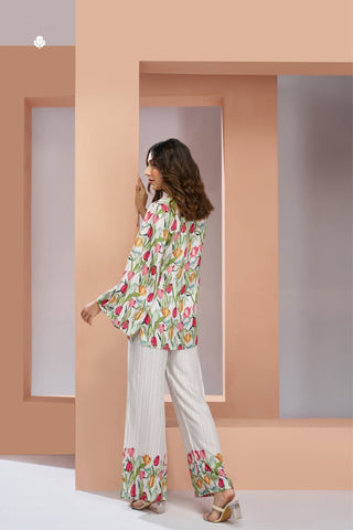 White Pure Muslin Silk Floral Co-Ord Set for Women