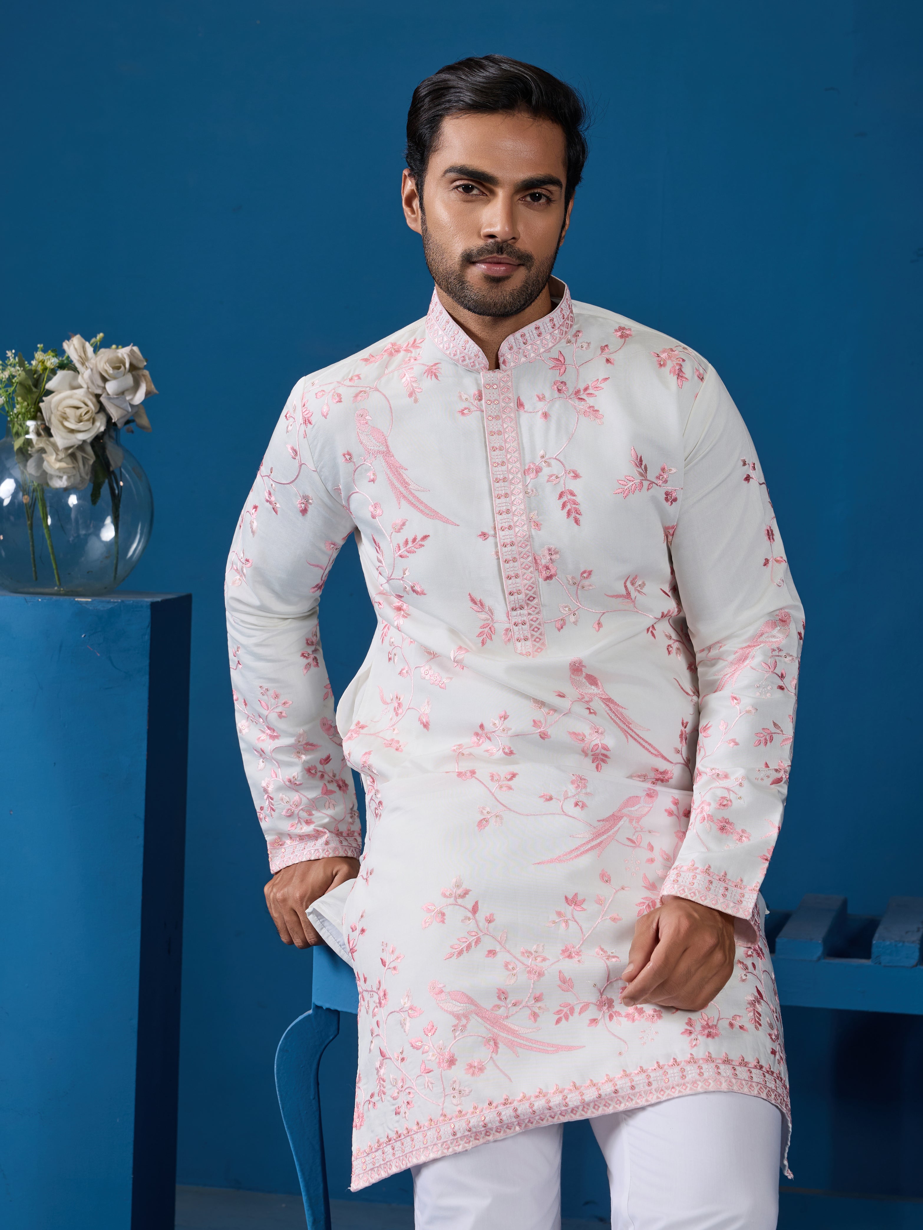 Classic White Viscose Silk Festive Kurta for Mens