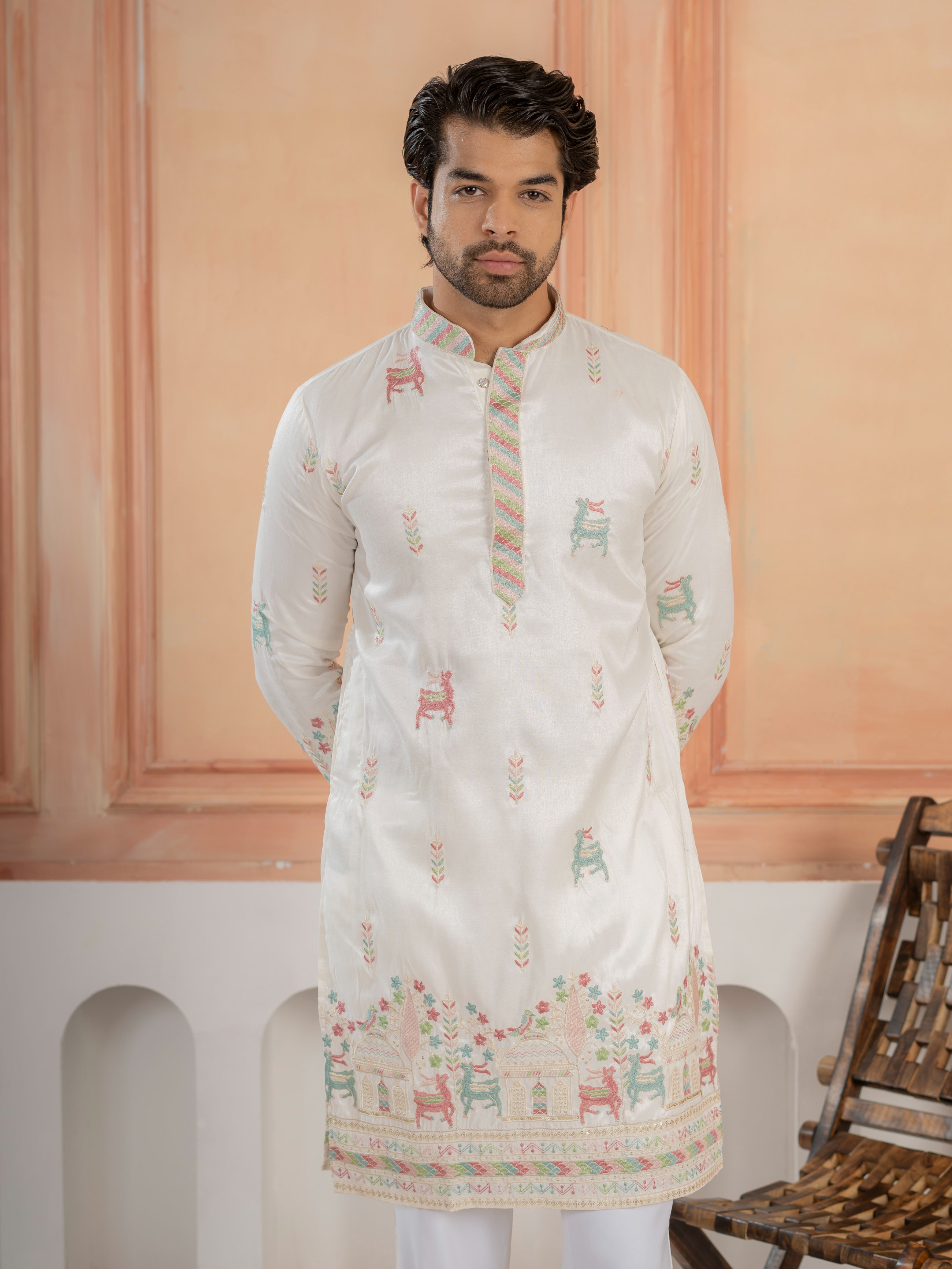 Festive White Silk Multi Thread Embroidered Mens Kurta Set
