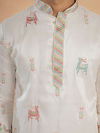Festive White Silk Multi Thread Embroidered Mens Kurta Set