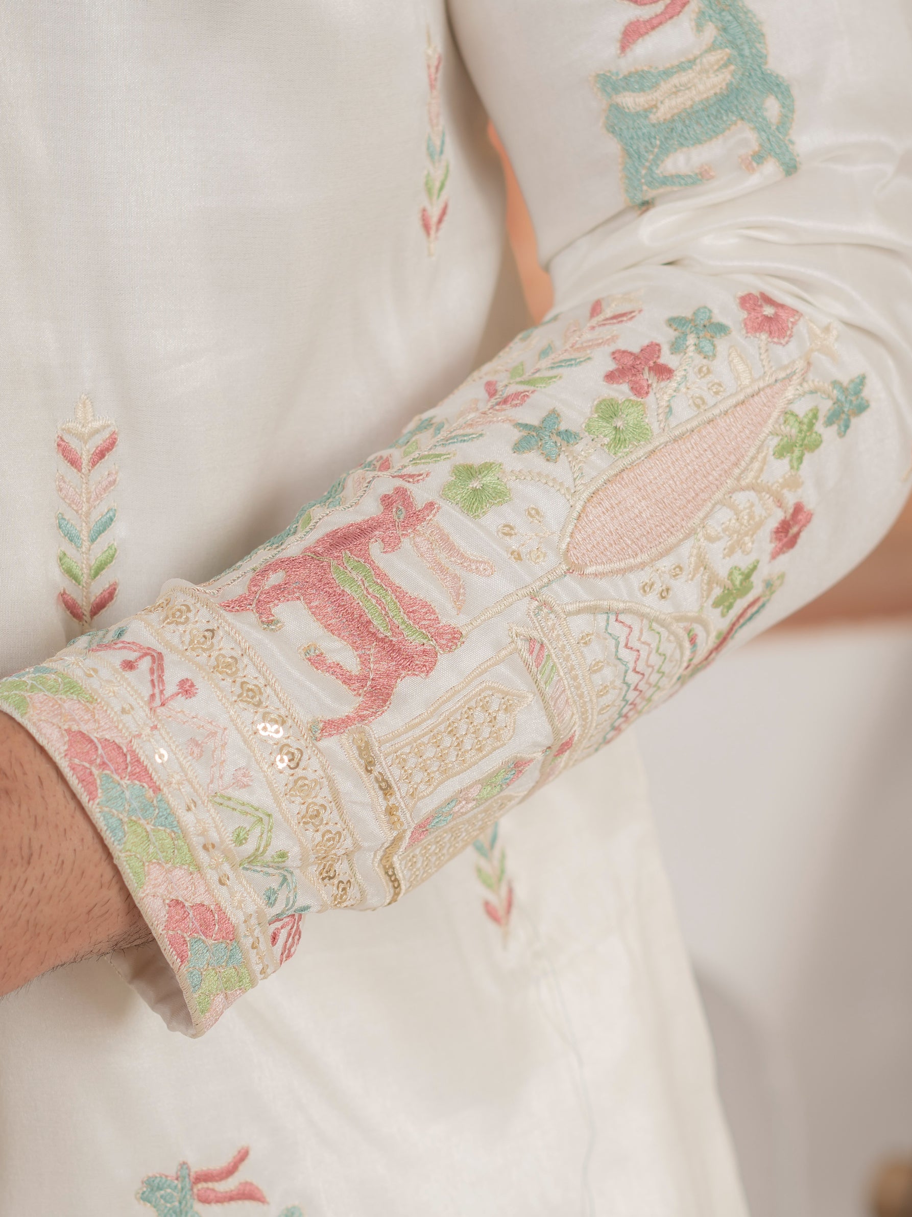 Festive White Silk Multi Thread Embroidered Mens Kurta Set