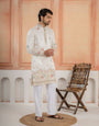 Festive White Silk Multi Thread Embroidered Mens Kurta Set