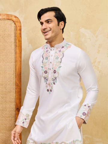 Classic White Thread Work Kurta And Pant Set For Festive Wear
