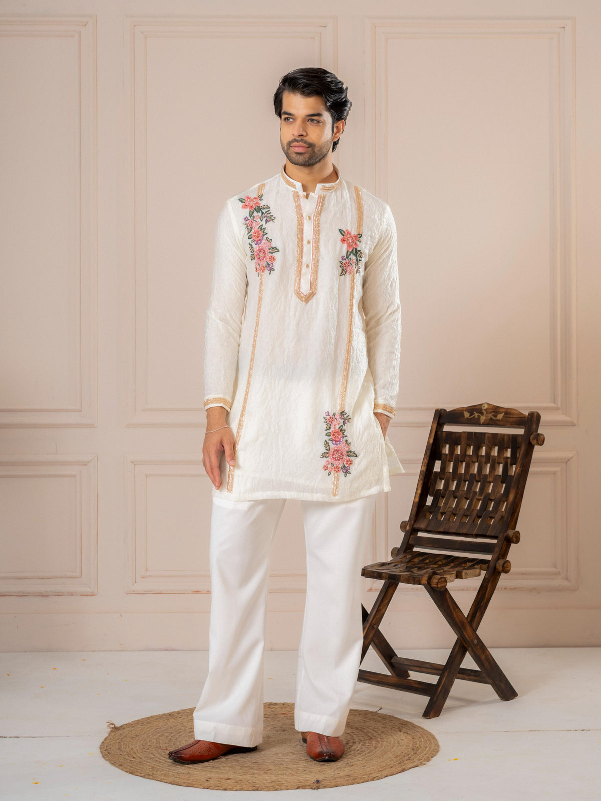 White Crush Tissue Thread Mens Kurta | Tulip Designer
