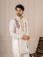 White Crush Tissue Thread Mens Kurta | Tulip Designer
