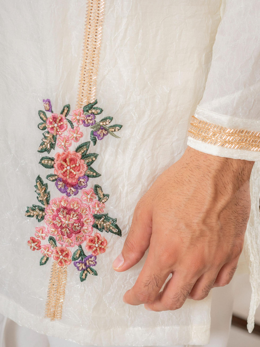 White Crush Tissue Thread Mens Kurta | Tulip Designer
