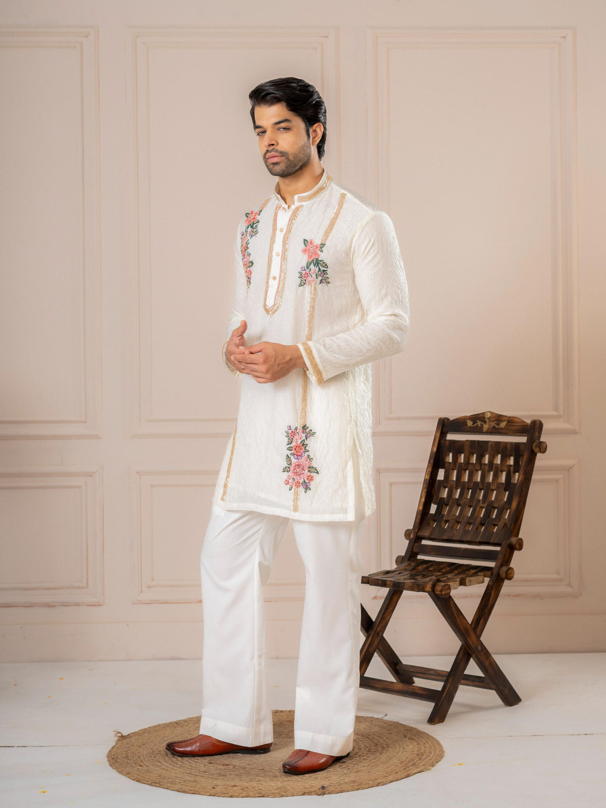 White Crush Tissue Thread Mens Kurta | Tulip Designer
