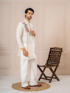 White Crush Tissue Thread Mens Kurta | Tulip Designer
