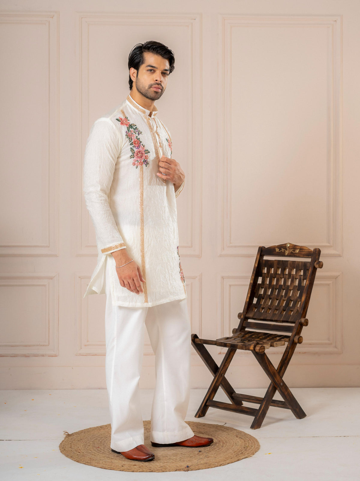 White Crush Tissue Thread Mens Kurta | Tulip Designer
