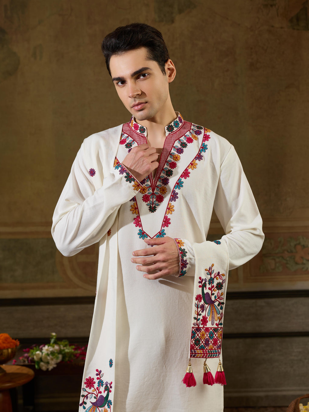 White Rayon V Neck Kurta Dupatta Set | Tulip Designer
