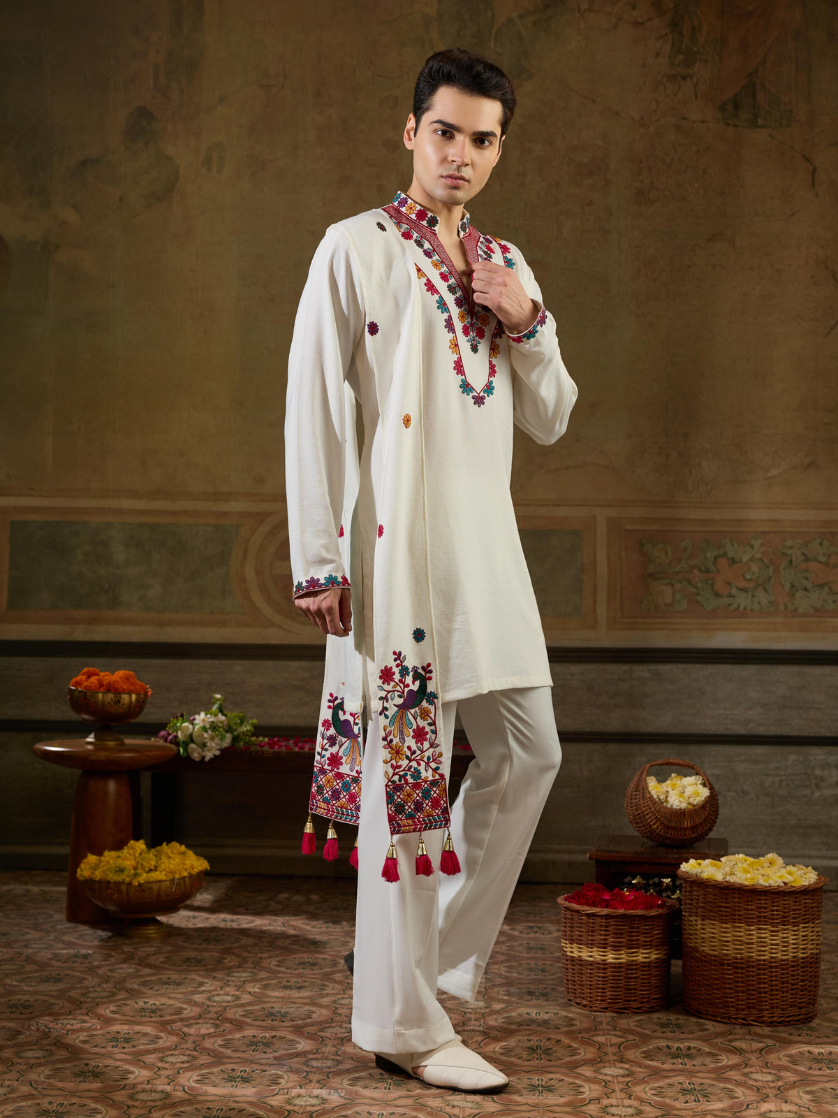 White Rayon V Neck Kurta Dupatta Set | Tulip Designer
