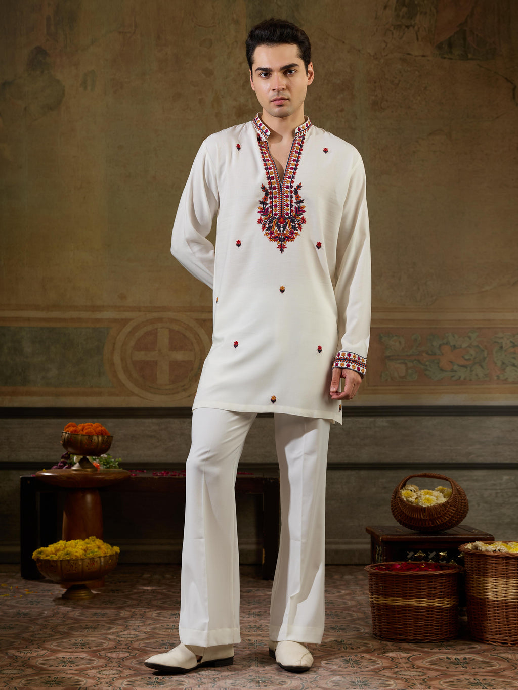 Vibrant White Rayon V Neck Kurta Set | Tulip Designer
