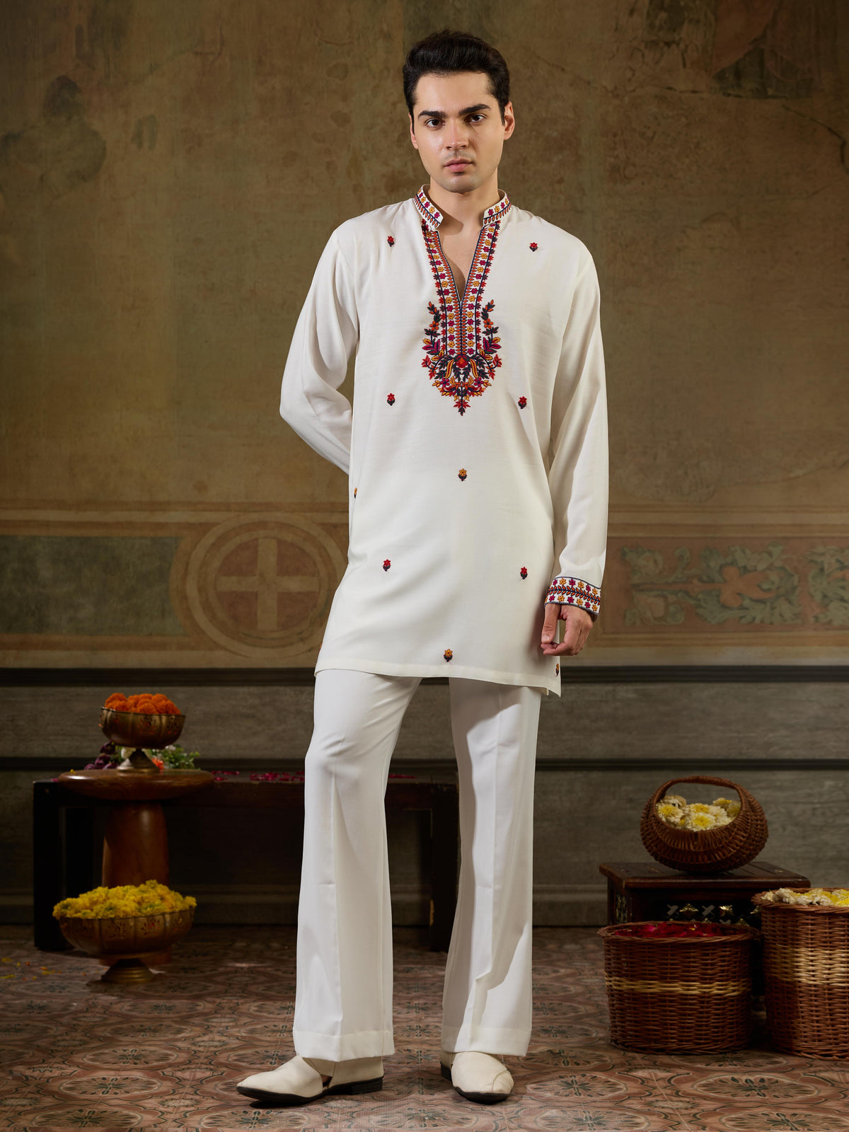 Vibrant White Rayon V Neck Kurta Set | Tulip Designer
