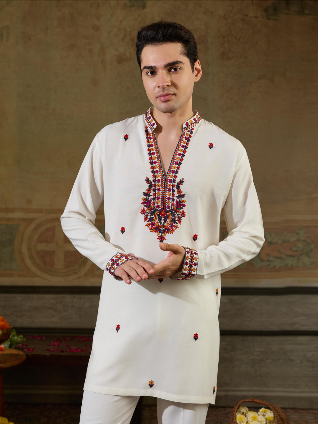 Vibrant White Rayon V Neck Kurta Set | Tulip Designer
