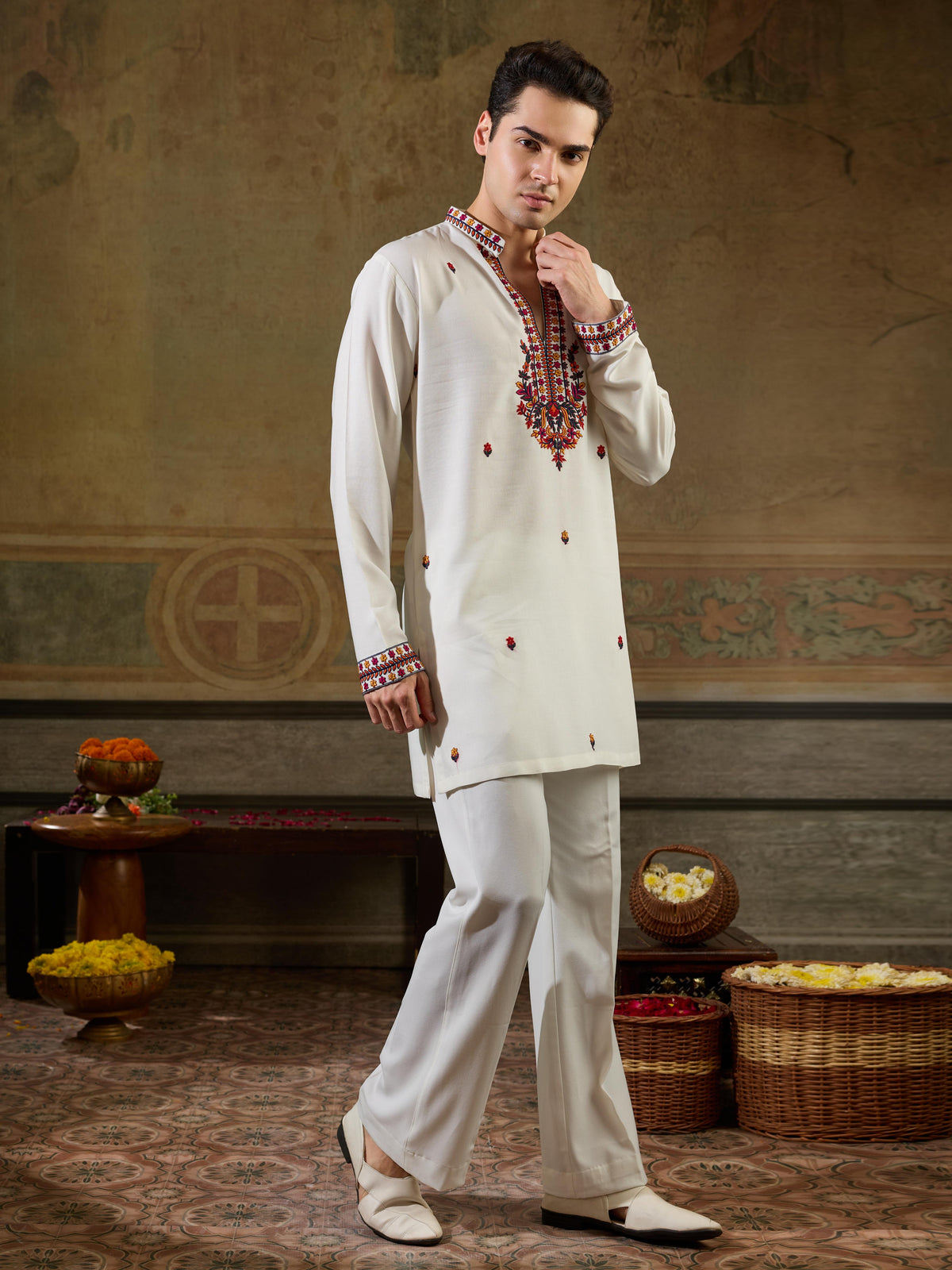 Vibrant White Rayon V Neck Kurta Set | Tulip Designer
