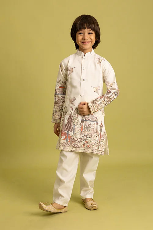 Vantara Designer Kids White Embroidered Kurta