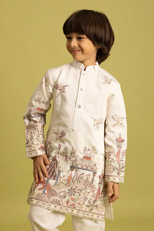 Vantara Designer Kids White Embroidered Kurta