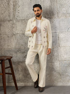 Designer White Velvet Embroidered Work Bomber Jacket & Matching Pant
