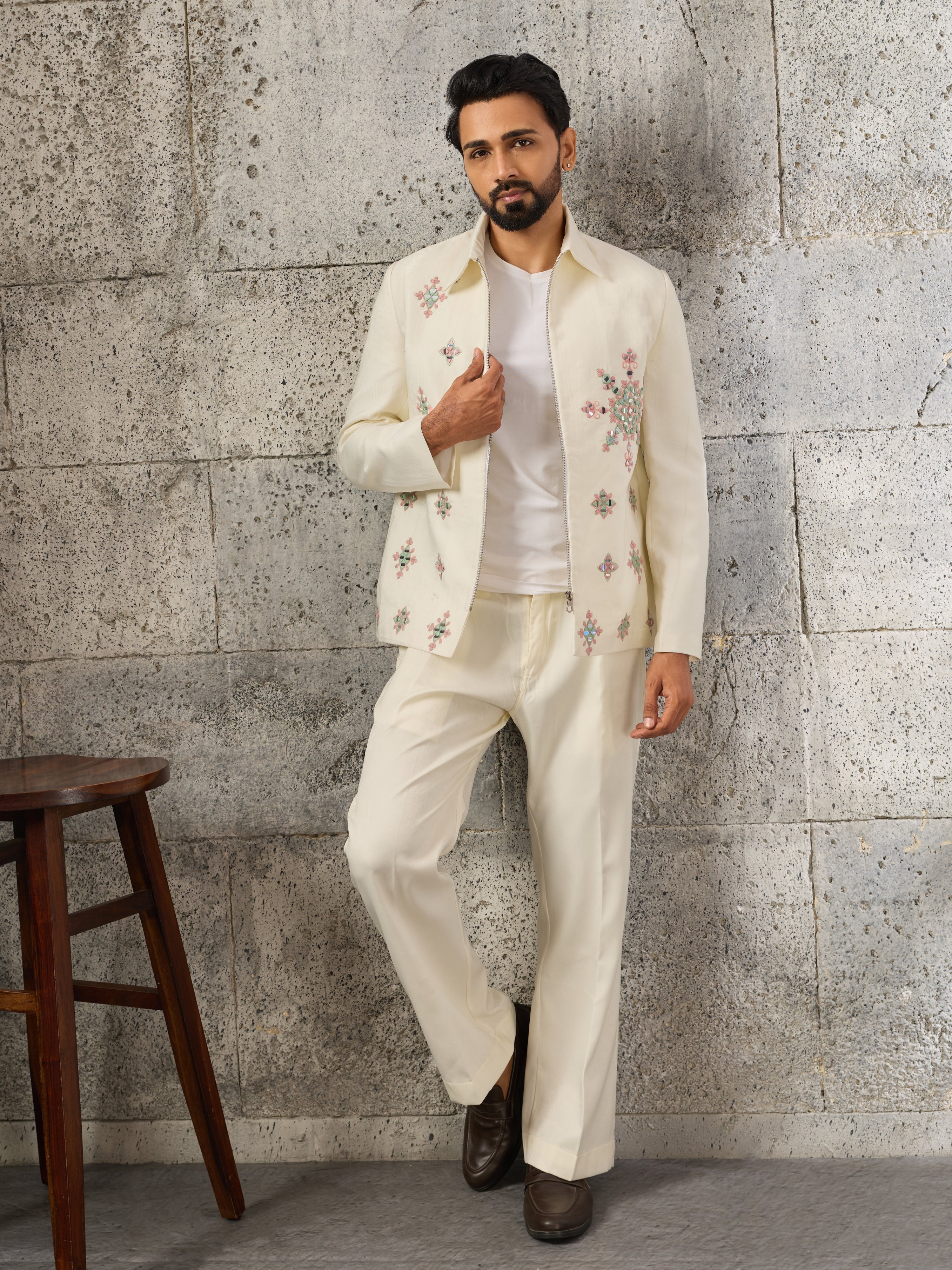Designer White Velvet Embroidered Work Bomber Jacket & Matching Pant
