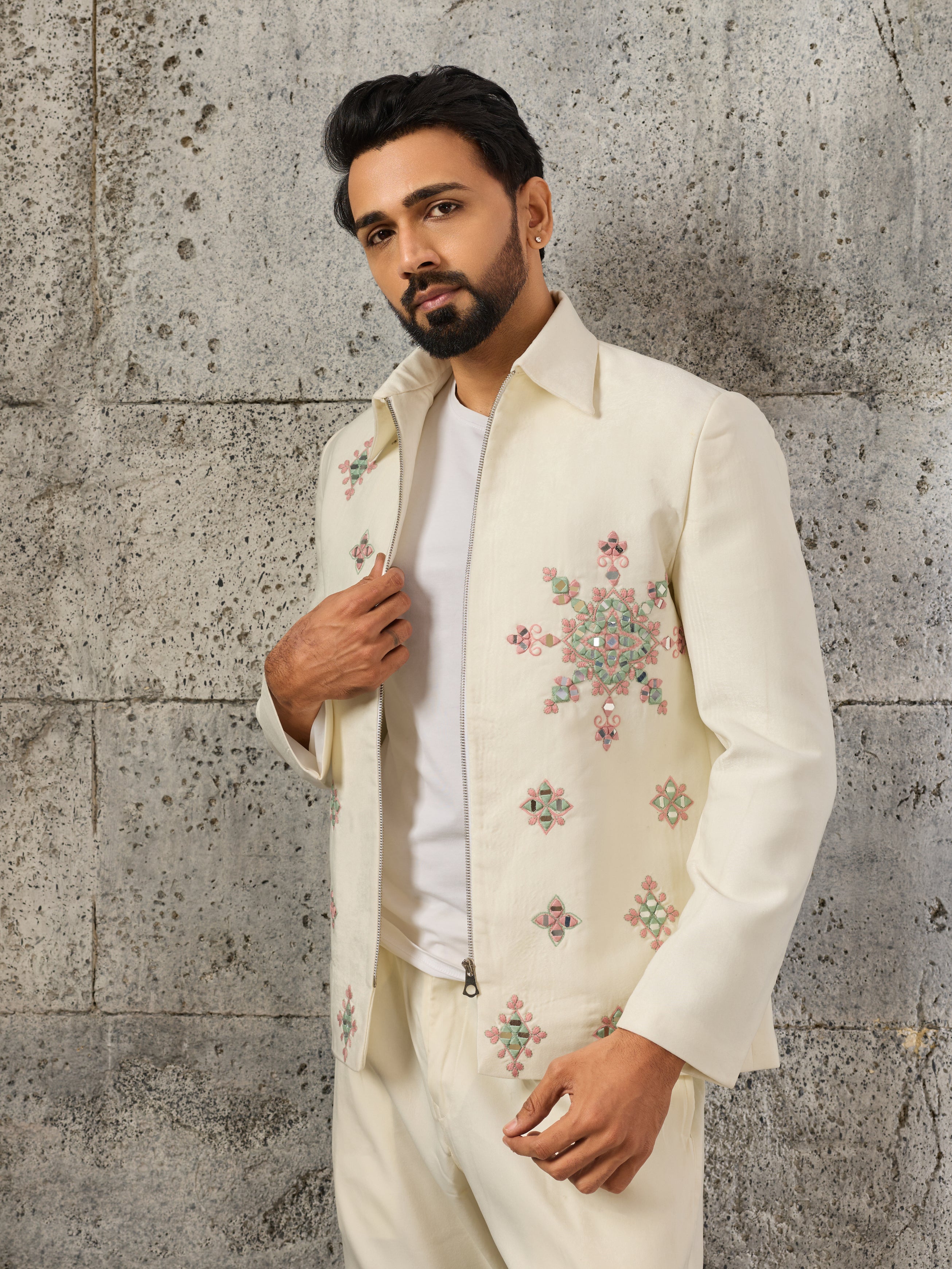 Designer White Velvet Embroidered Work Bomber Jacket & Matching Pant
