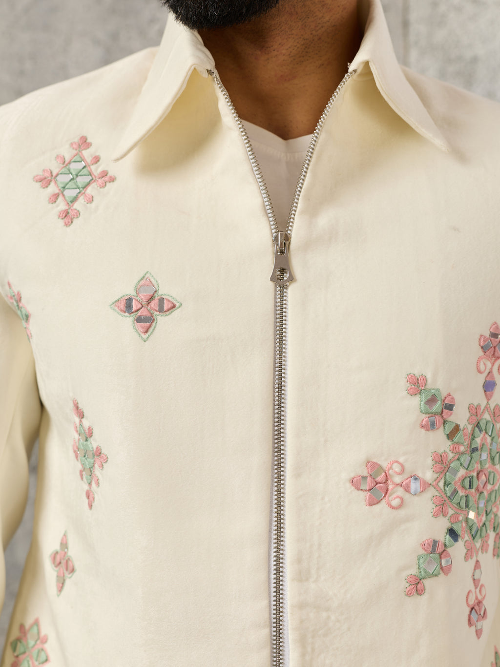 Designer White Velvet Embroidered Work Bomber Jacket & Matching Pant
