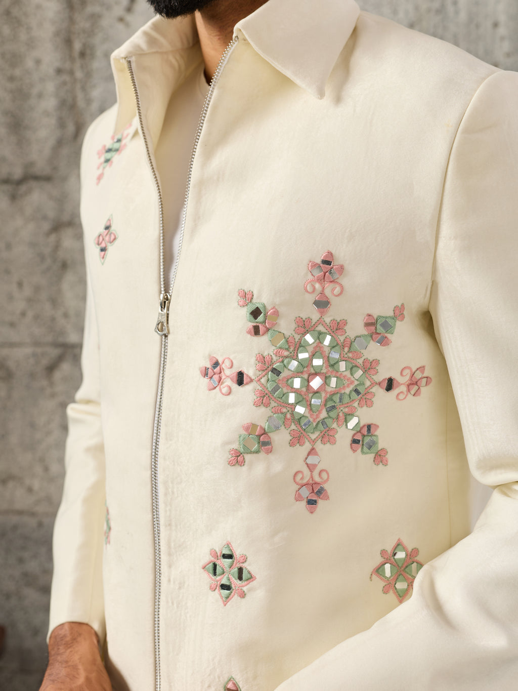 Designer White Velvet Embroidered Work Bomber Jacket & Matching Pant
