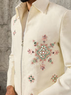 Designer White Velvet Embroidered Work Bomber Jacket & Matching Pant
