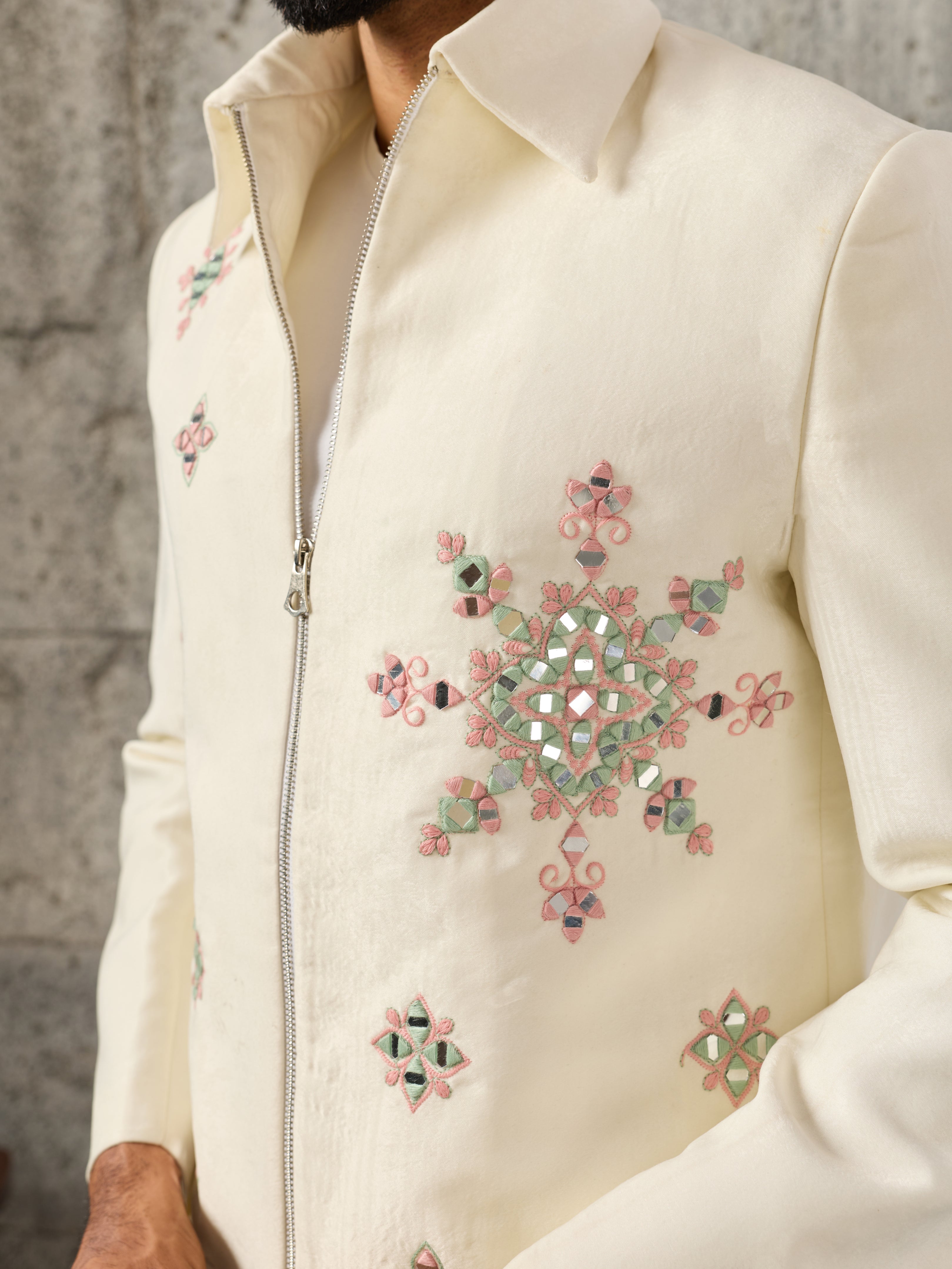 Designer White Velvet Embroidered Work Bomber Jacket & Matching Pant
