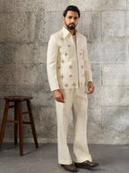 Designer White Velvet Embroidered Work Bomber Jacket & Matching Pant
