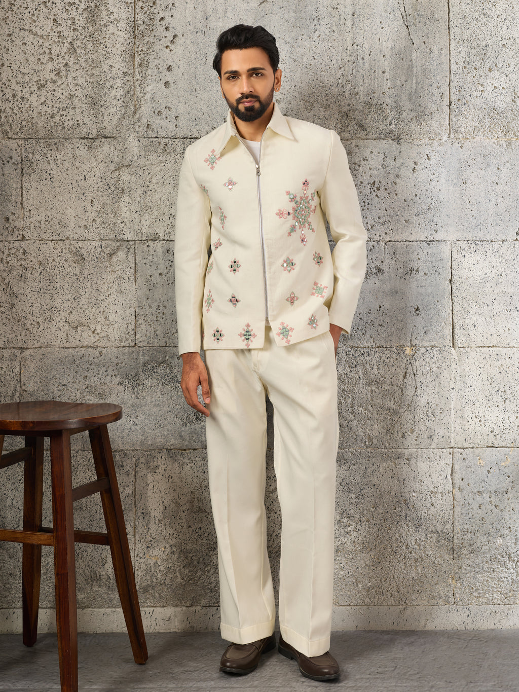 Designer White Velvet Embroidered Work Bomber Jacket & Matching Pant
