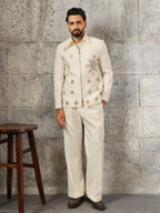 Designer White Velvet Embroidered Work Bomber Jacket & Matching Pant
